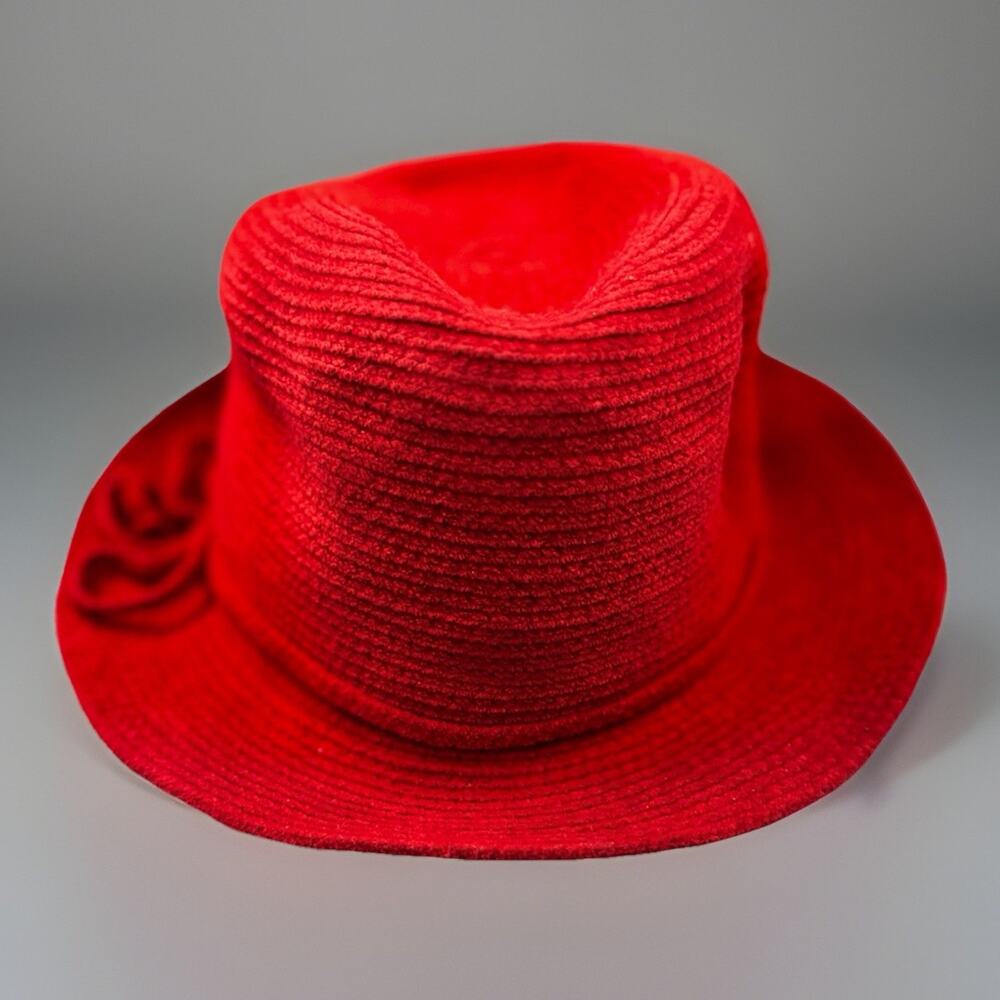 August Red Fedora Hat Women's One Size Rolled Flower Accent 1079